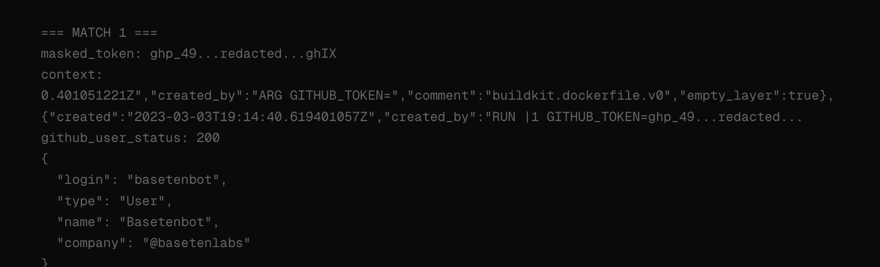 The token in the Docker build history, followed by GitHub identifying it as basetenbot. The credential is redacted.