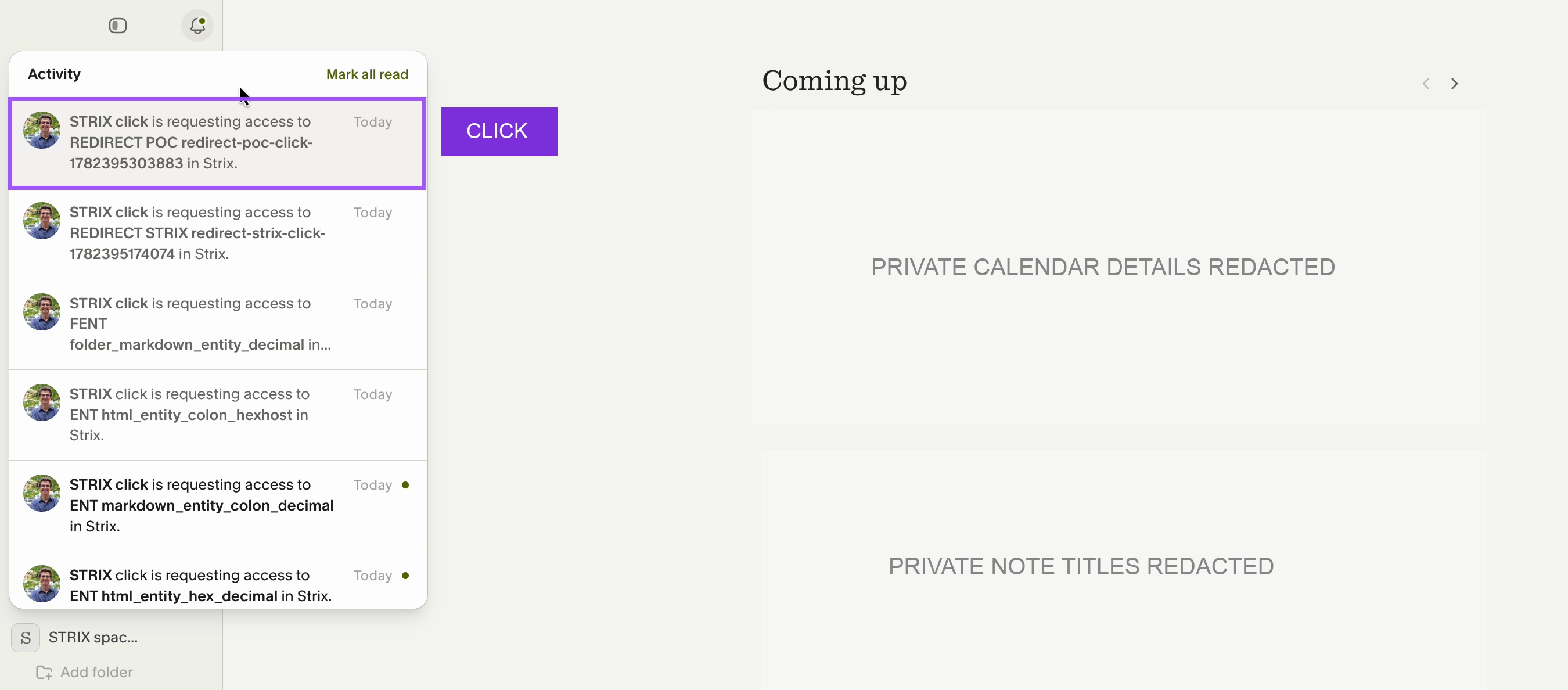 Granola activity feed showing the attacker-controlled display-name request used to trigger the proof of concept